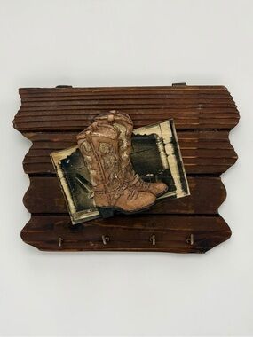 Vintage 1990s Rustic Wood Western Cowboy Boot Theme Key Rack w/ 4 hooks 6” Wide